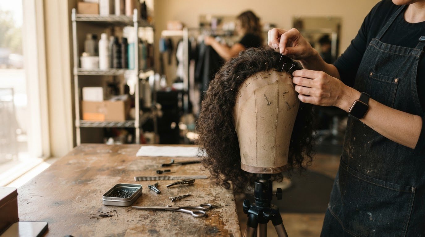 Two hands shaping and pinning a wig on a canvas block on a shop worktable, pins and shears laid out beside it, in the same