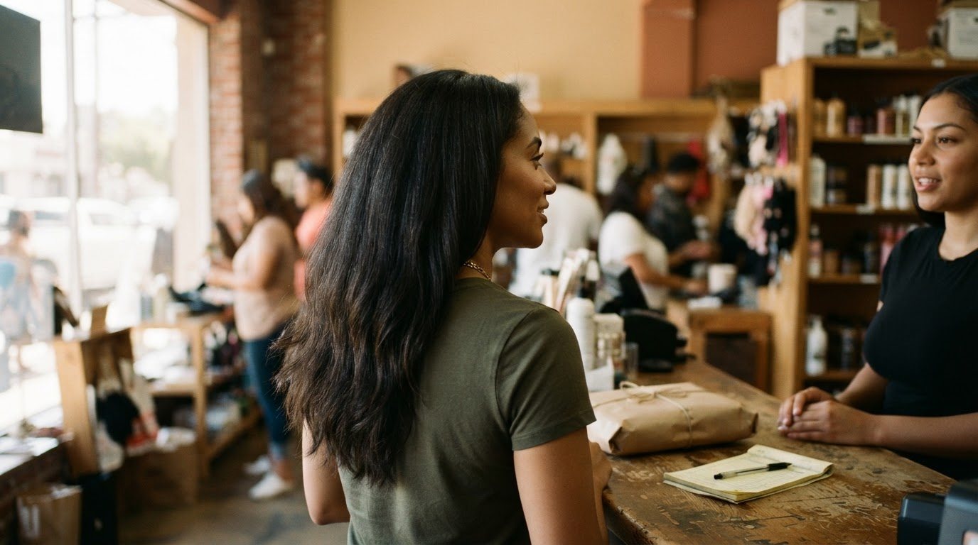 A finished head of long, well-installed hair, a wrapped purchase and a receipt pad on the counter beside her, warm afternoon