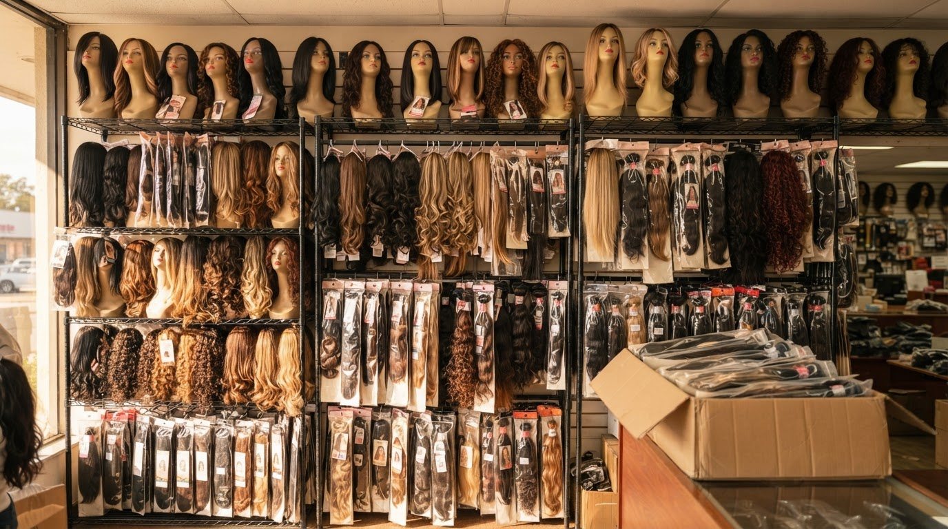 A straight-on wall of wigs and long hair bundles on shop racks in warm afternoon light, close enough to read the texture